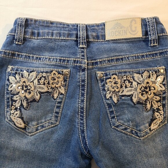 Rockin C Girls Jeans Size 12 | Medium Wash Floral Embroidery Back Pocket Denim - Picture 7 of 11